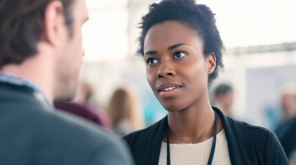 Aufkleber - Businesswoman Talking to Colleague at Conference, Depicting Collaboration and Networking Opportunities in Corporate Environment : Generative AI
