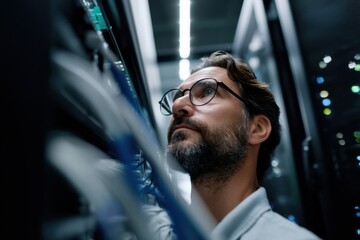 Fototapete - Man Inspecting Server Racks in Data Center, Representing Information Technology and Digital Transformation, With a Focus on Cybersecurity and Network Infrastructure : Generative AI