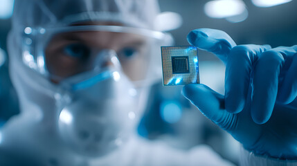 Poster - Scientist holding microchip in clean room, examining future technologies