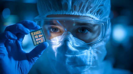 Poster - Scientist holding microchip in clean room laboratory, innovation in technology
