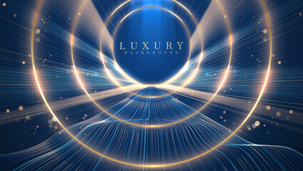 Wall Mural - luxury background with golden circle frame and blue neon light waves decorated with glittering bokeh