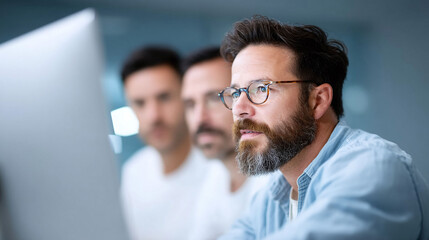 Poster - Focused teamwork three men collaborate, eyes fixed on a screen. Reflects analysis, innovation, and shared vision. Ideal for business, tech, or startup concepts.