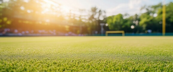 Lush Green Grass Field at Sunset with Blurred Background of Spectators and Goal