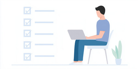 Poster - Person working on laptop while sitting on chair with checklist in background, productivity and organization concept