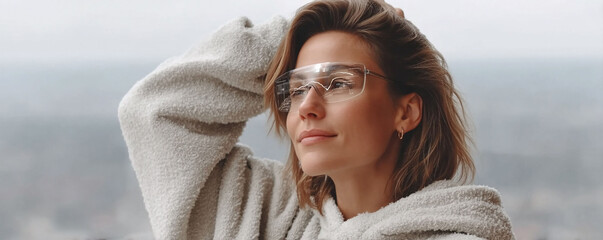 Poster - Serene woman wearing futuristic glasses with data displays. Conceptual image for technology, augmented reality, innovation, and future lifestyle. Perfect for tech industry.