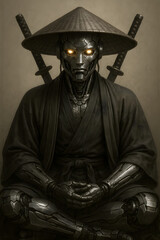 Wall Mural - Futuristic Samurai Robot Sitting in Meditation Pose Wearing Traditional Kimono and Straw Hat with Dual Katanas