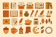 © Maxim Borbut - Artistic collection of autumn-themed icons featuring objects related to literature, cozy drinks, and seasonal decor
