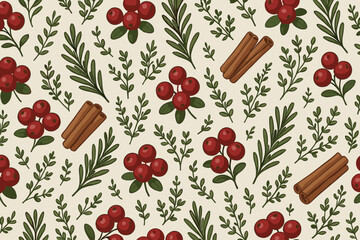Poster - Decorative pattern featuring red berries, green leaves, and cinnamon sticks on a light background