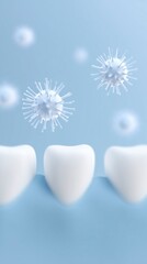 Poster - Three white teeth with floating bacteria and viruses in a clean blue background representing dental health and hygiene concepts for oral care awareness