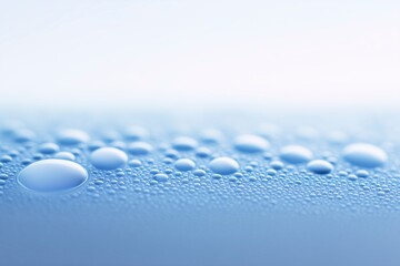 Poster - Close-up of water droplets on a smooth surface creating a serene atmosphere with soft blue tones and gentle reflections enhancing the visual appeal