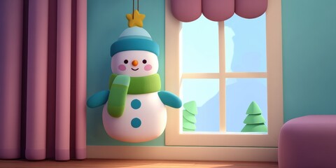 Wall Mural - A festive snowman decoration hanging on a window inside a cozy room during daylight.
