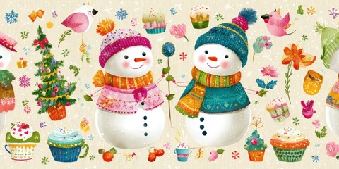 Sticker - Multiple snowmen standing on white snow under a clear sky, winter outdoor scene in daylight.