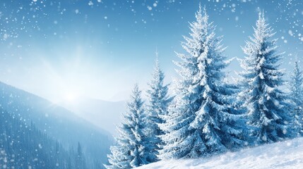 Wall Mural - Snow-covered trees under a bright sun in a clear winter landscape during daytime.