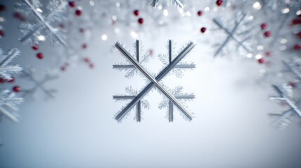 Wall Mural - close-up of a white snowflake ornament hanging on a bare tree branch in soft daylight winter setting