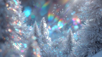 Wall Mural - snow-covered tree illuminated by a bright light against a dark evening sky.