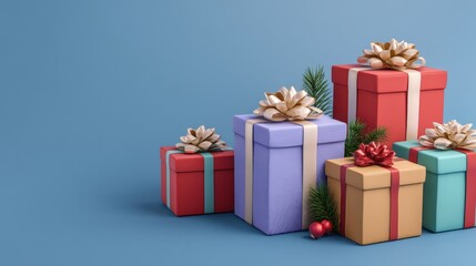 Wall Mural - Colorful wrapped gift boxes with decorative bows arranged on a white background, bright studio lighting.