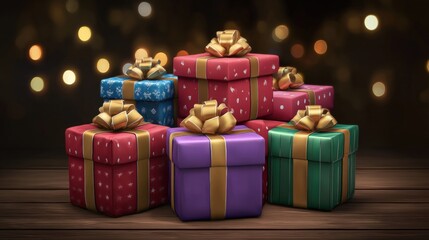 Wall Mural - Close-up of colorful wrapped gifts stacked on a rustic wooden table, bright festive packaging.