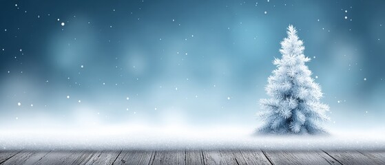 Wall Mural - Snow-covered Christmas tree on a wooden floor, bright winter scene with festive holiday decor.