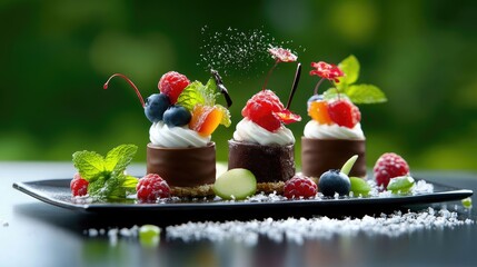 Poster - Chocolate and fruit tarts arranged neatly on plate, mint leaves for garnish