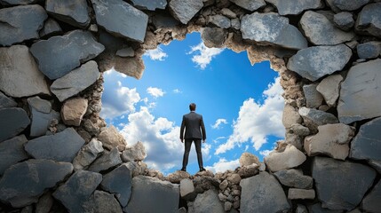 Poster - Businessman facing light through broken rock wall, blue sky beyond, opportunity through obstacles