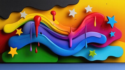 Poster - Bright abstract art scene with flowing liquid in rainbow tones, decorated with hand-cut stars