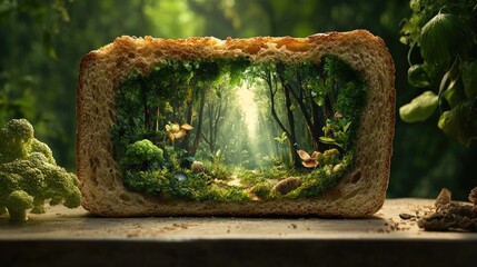 Poster - Bread slice sits on table revealing an enchanted forest within, fantasy environment fusion