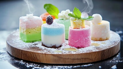 Poster - Assorted pastel-colored desserts on wooden plate garnished with fresh mint leaves