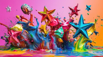 Poster - Artistic mess of multicolored fluid melting with shining paper stars against a radiant gradient canvas