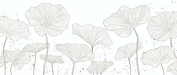 Wall Mural - botanical pattern with hand drawn lotus leaves in line art style. vector background for banner, prin