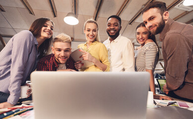 Poster - SMM specialists discussing new product marketing promotion in modern coworking space