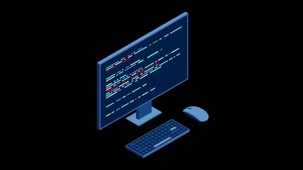 Leinwandbilder - Isometric desktop computer. Coding programming technology. Programming concept. Technology animation. Transparent background with alpha channel