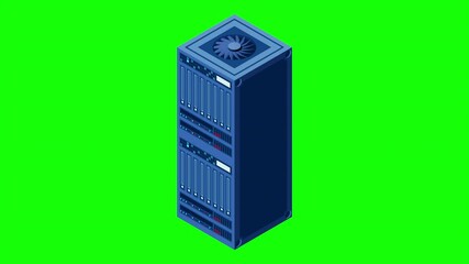 Fototapete - Isometric server animation. Network server room. 3D computer equipment. Storage database. Isometric technology. 4K video animated in isometric style