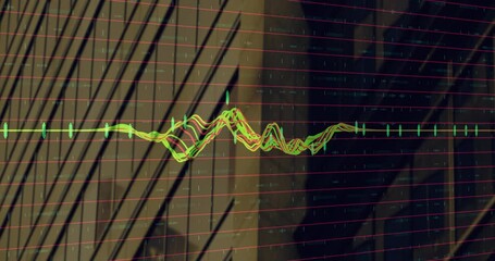 Poster - On loading UI multicolor waveform traces converging oscillating rising visualizing data trends