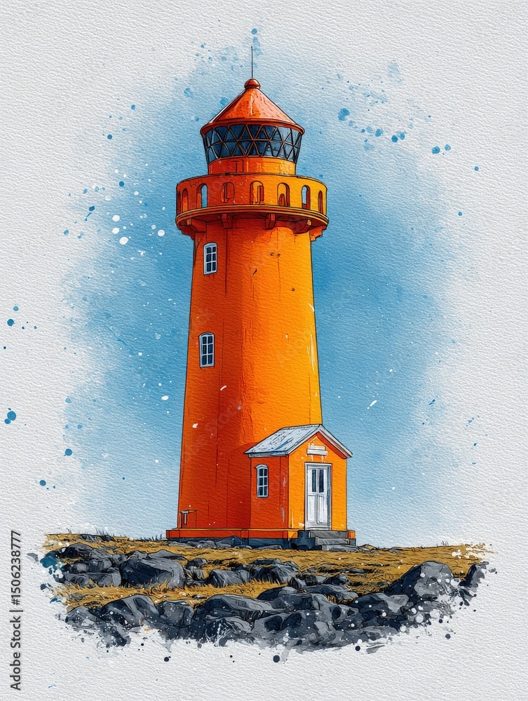 This vibrant lighthouse, painted in bright orange, rises prominently along the rocky coast.