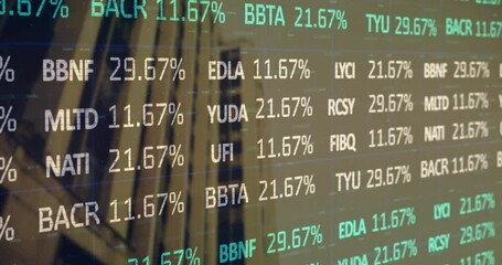 Poster - Opening transparent finance ticker overlay cycling percentages and highlighting gains on glass wall