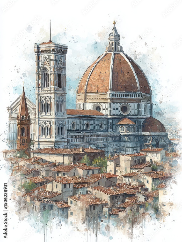 Florence showcases its iconic skyline with the magnificent Duomo and bell tower amidst traditional rooftops. This scene captures the beauty of Renaissance architecture on a sunny day.