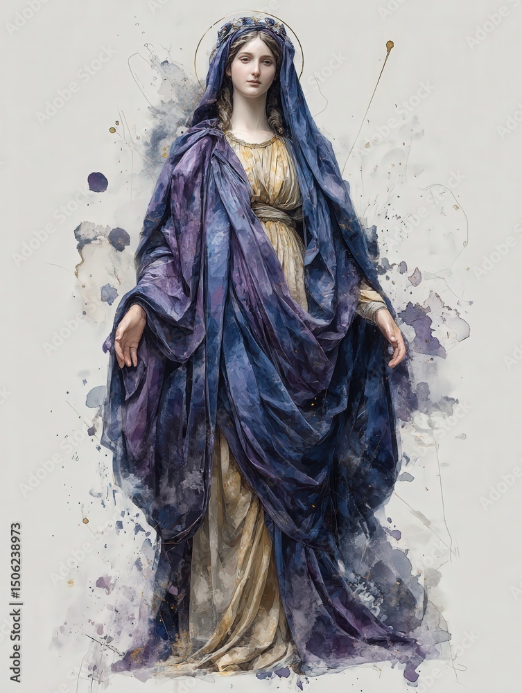 A serene figure stands gracefully, draped in flowing robes of blue and gold. The pose exudes calmness, framed by an ethereal aura and artistic splatters enhancing the background.