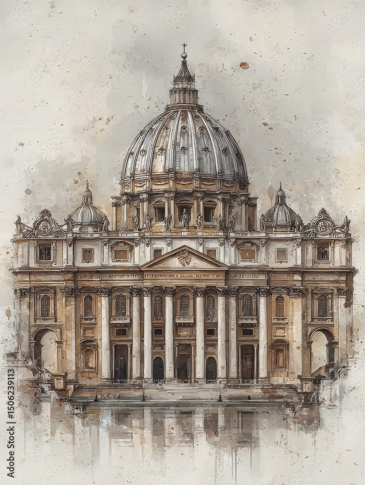 This artwork showcases the grand facade of St. Peters Basilica in Vatican City, highlighting its intricate details and impressive dome during a beautiful sunset.
