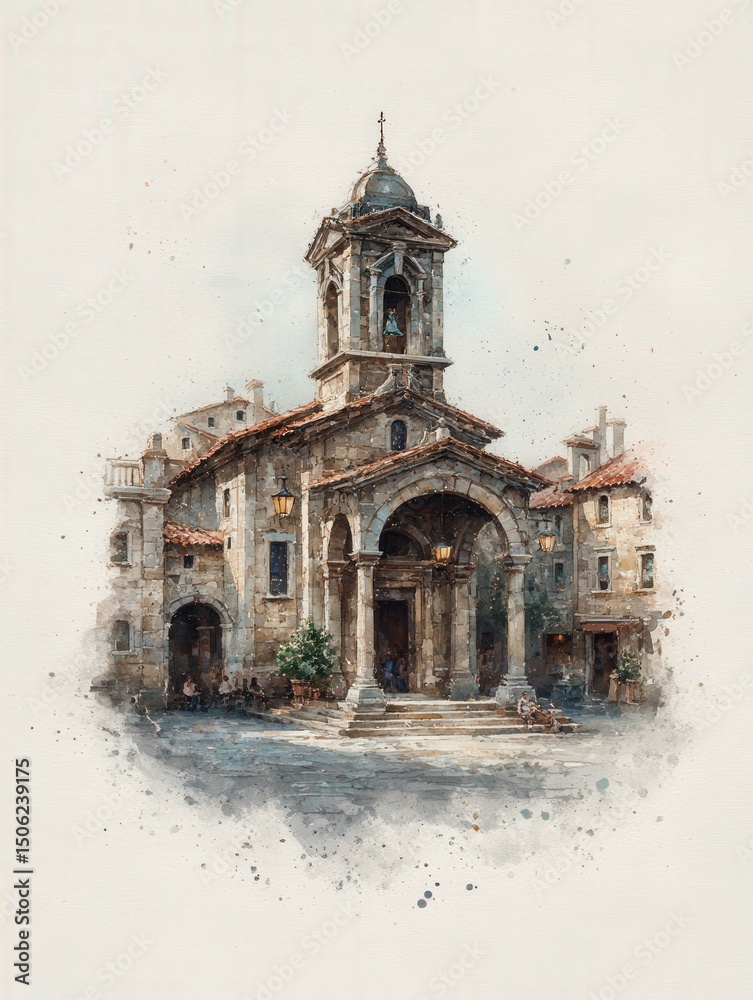 A beautiful stone church features a tall bell tower, surrounded by charming old buildings and a peaceful square.