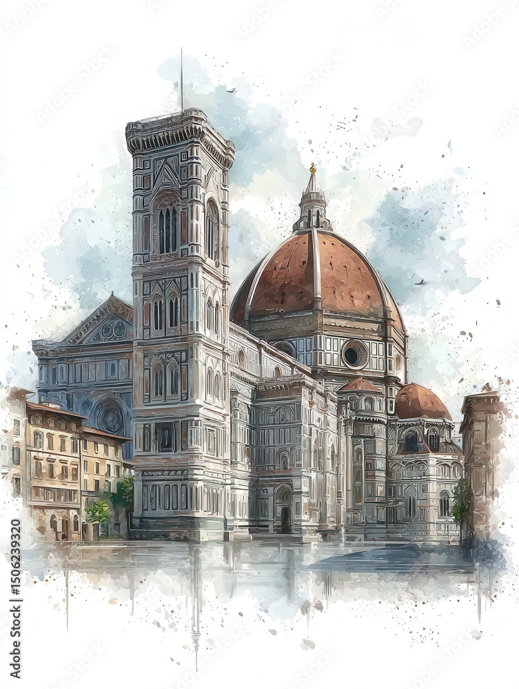 This artwork features the stunning architecture of Florence, highlighting the iconic Duomo and bell tower. The scene captures a calm day, with soft colors reflecting the beauty of the city.