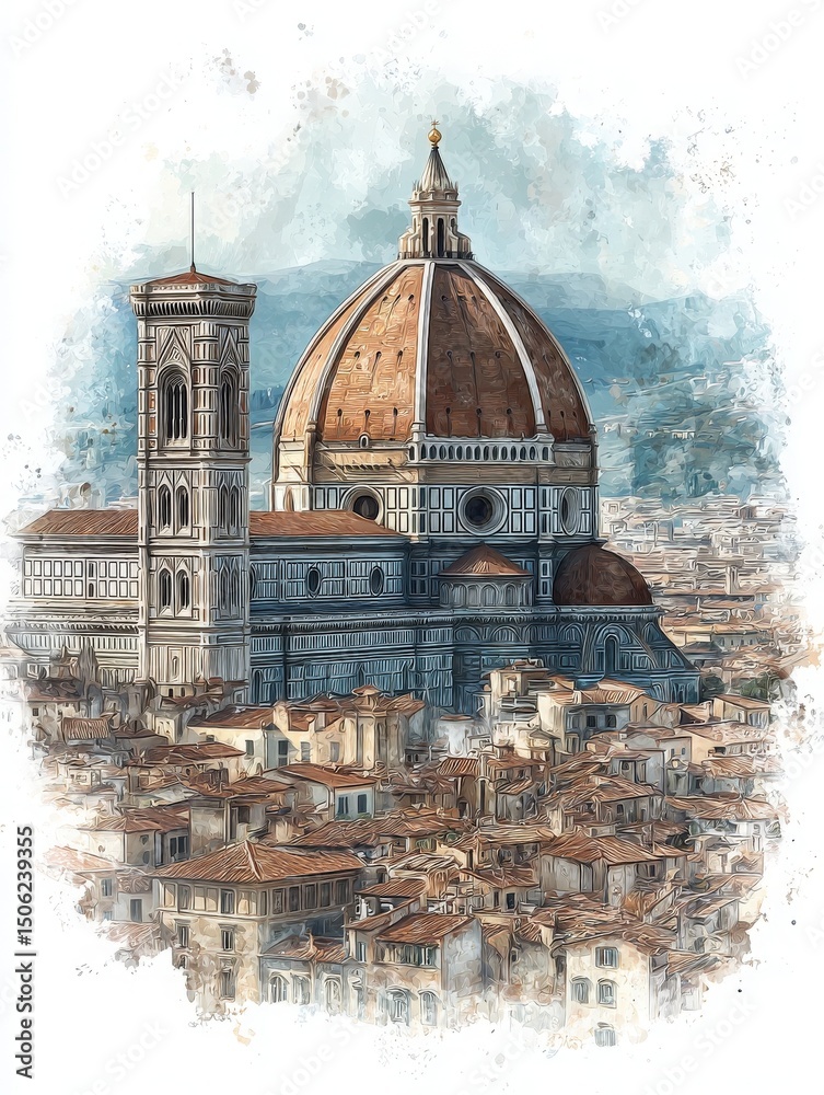 In the foreground, the majestic dome of the cathedral rises above a sea of rooftops. The intricate bell tower stands tall nearby, while rolling hills provide a scenic backdrop.