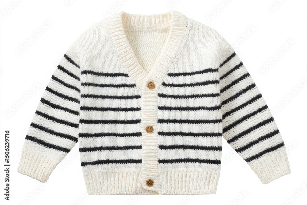 This cozy cardigan features a striped pattern with black and white colors. It has a v-neck design and button closure, perfect for layering during cool seasons or casual outings.