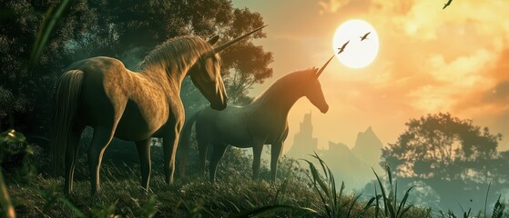 Naklejka na meble Majestic unicorns in a serene sunset landscape