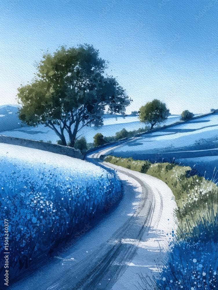 A tranquil country road meanders through vibrant blue fields, bordered by trees. The calm atmosphere reflects a peaceful day, showcasing the beauty of nature in a rural landscape.