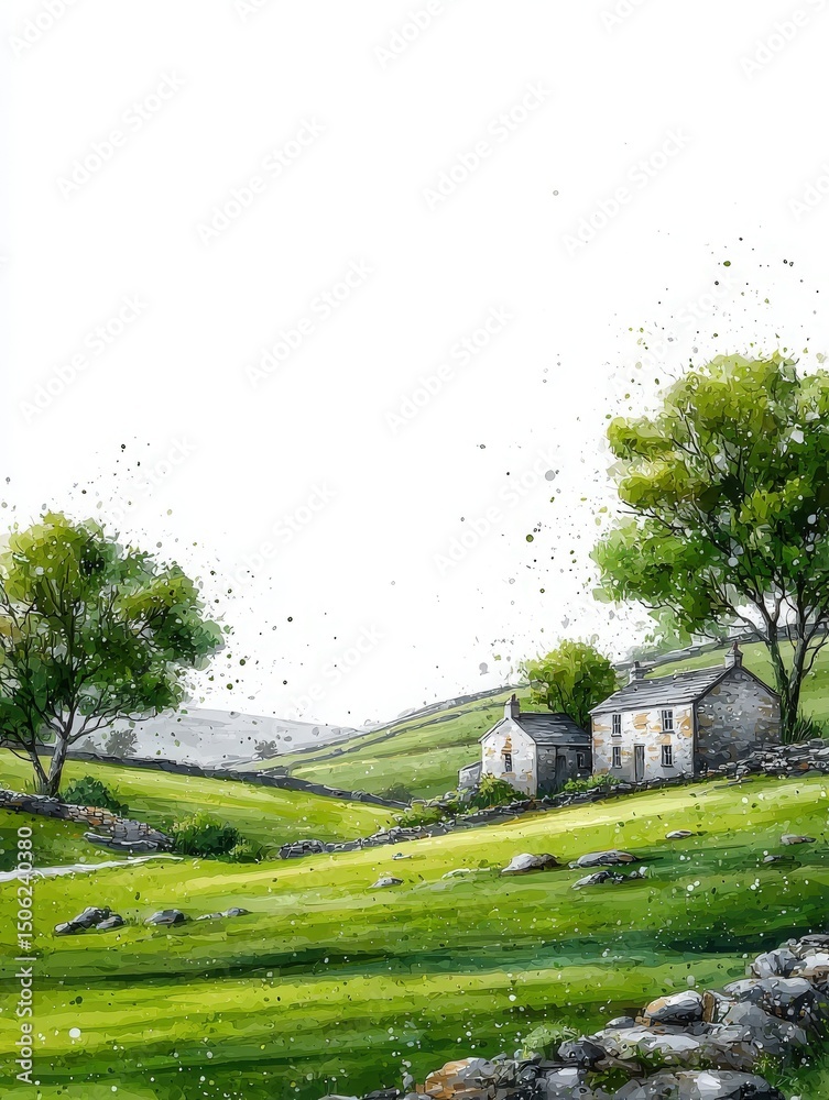 Rolling hills covered in vibrant green grass stretch into the distance, dotted with weathered stone houses and large trees. The tranquil setting evokes a sense of peace and harmony with nature.