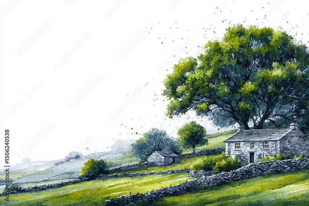 A tranquil countryside setting features a charming stone cottage surrounded by lush green fields and a majestic tree. Rolling hills create a peaceful backdrop, showcasing natures beauty.