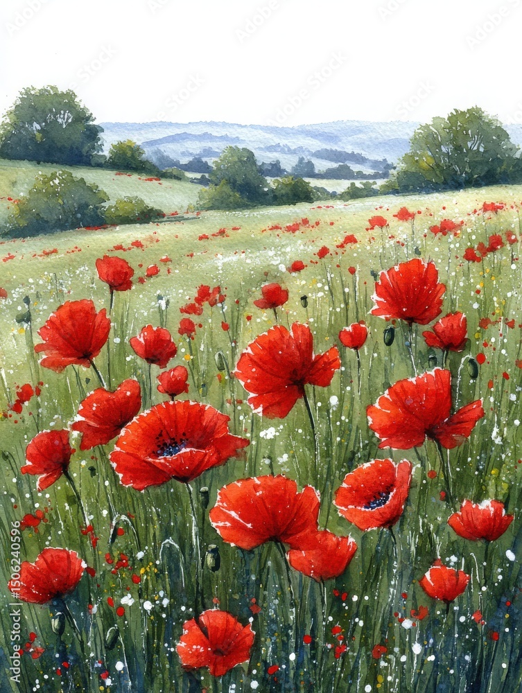 A vibrant field covered in blossoming red poppies stretches across the tranquil countryside. Lush green grass and distant hills create a serene springtime backdrop filled with floral beauty.