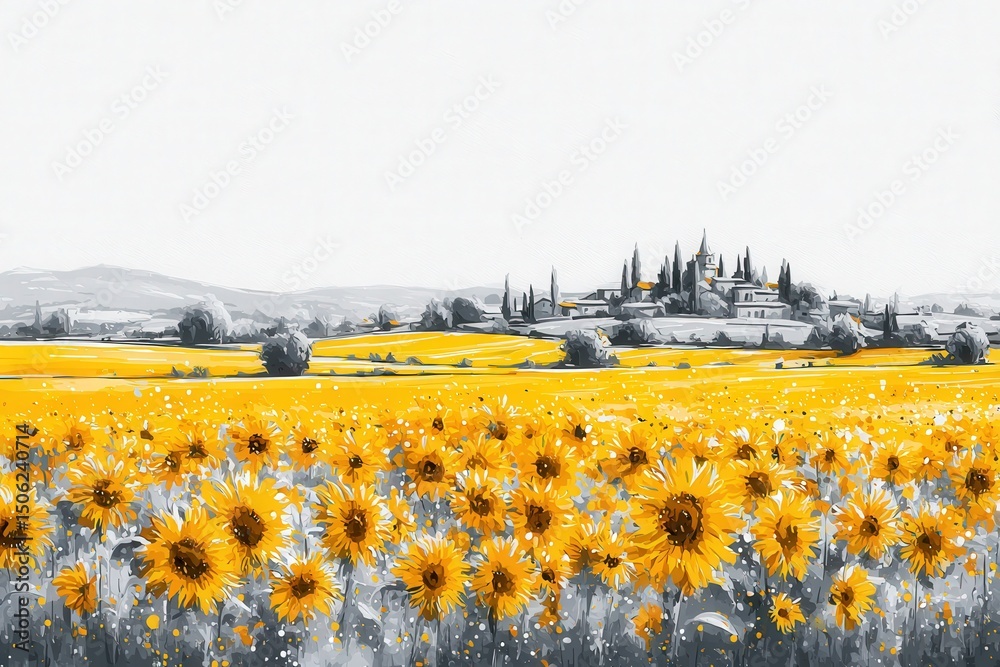 Golden sunflowers bloom across a vast field, creating a striking contrast against a distant village and rolling hills on a bright sunny day. The scenery is tranquil and inviting.