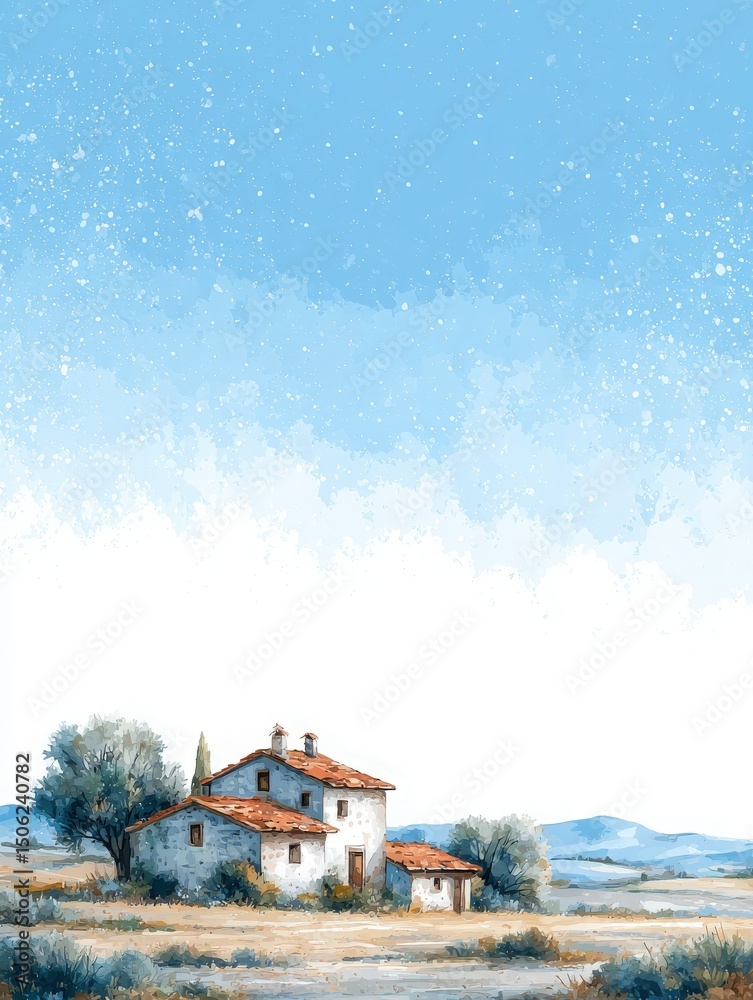 A rustic farmhouse stands in a quiet rural landscape, surrounded by fields and trees, under a vibrant blue sky. The bright setting creates a serene atmosphere that evokes tranquility.