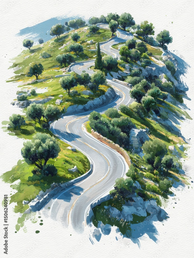 A beautiful winding road snakes through vibrant green hills dotted with trees. The bright sky enhances the tranquil atmosphere, inviting exploration and adventure in nature.